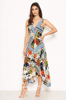 Navy Tropical V Neck Maxi Dress
