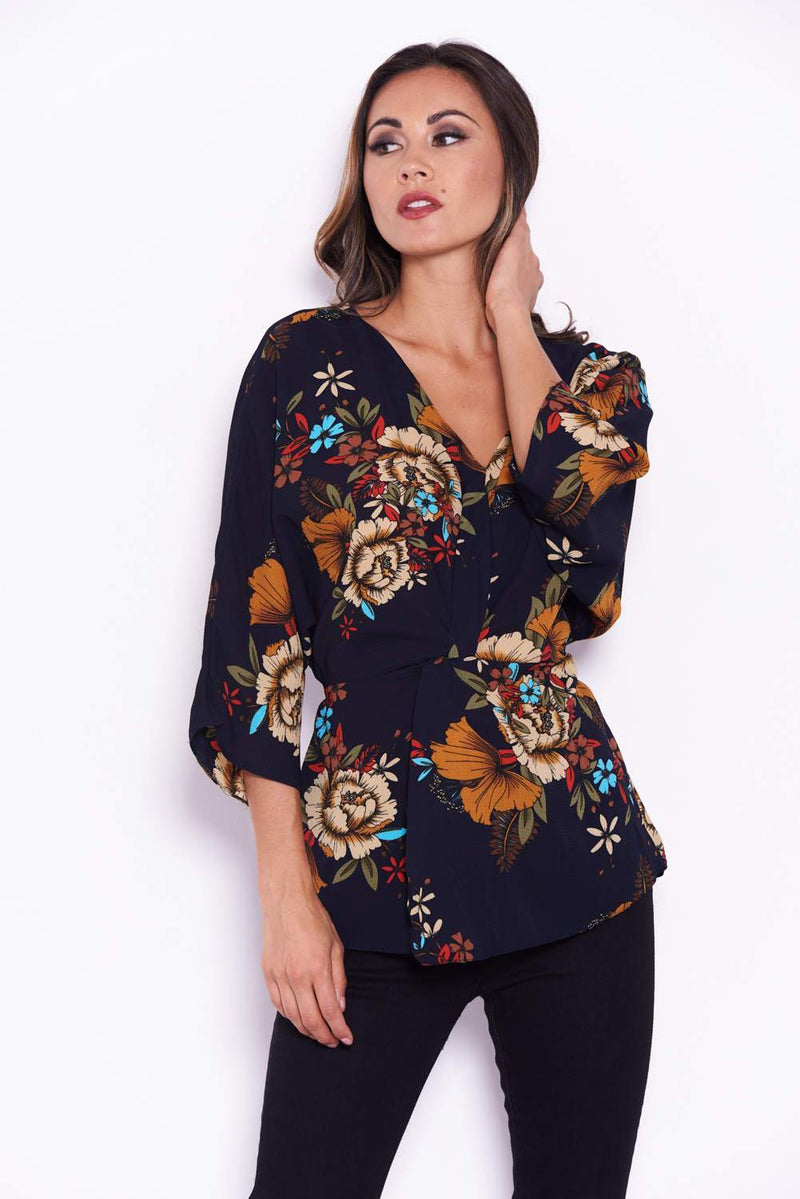 Navy V-Neck Floral Top With Tie Waist