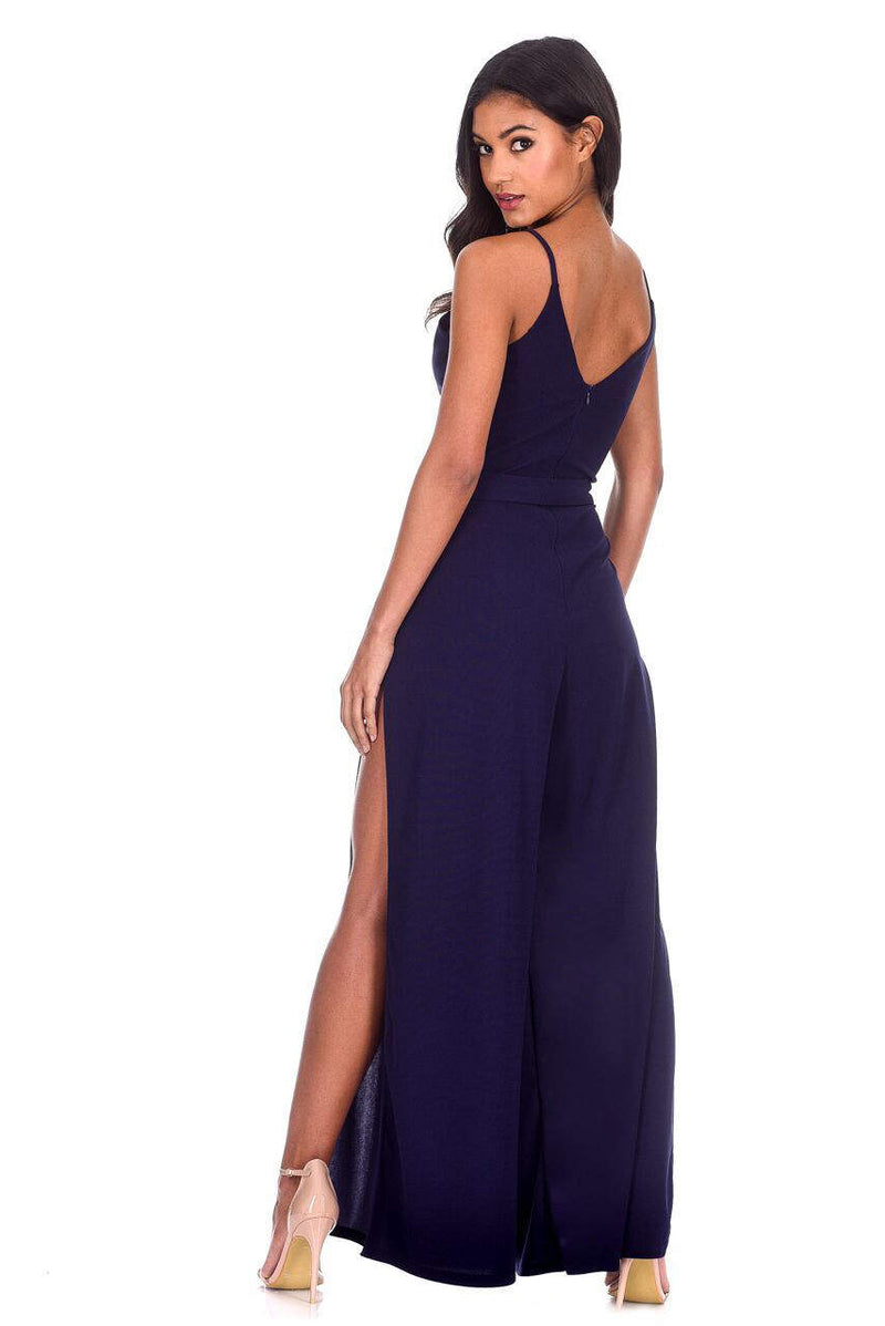 Navy Wide Leg Thigh Split Jumpsuit