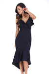 Navy Wrap Fishtail Midi Dress