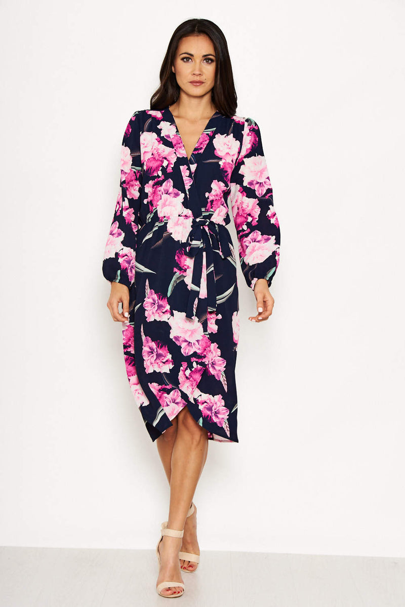 Navy Floral Wrap-Over Dress