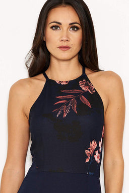 Navy High Neck Floral Dress