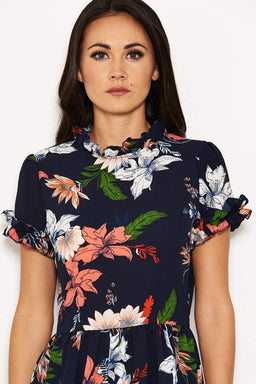 Navy Printed Frill Skater Dress