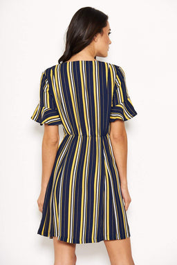 Navy Striped Print Button Up Midi Dress