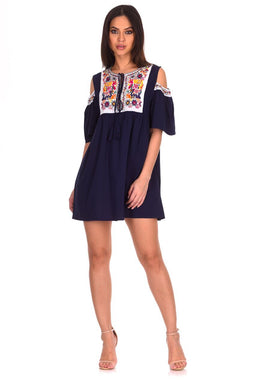 Navy Aztec Cold Shoulder Dress