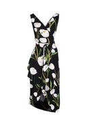 Black Floral V-Neck Wrap Over Dress