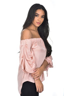 Nude Bardot Top With Ruched Sleeves