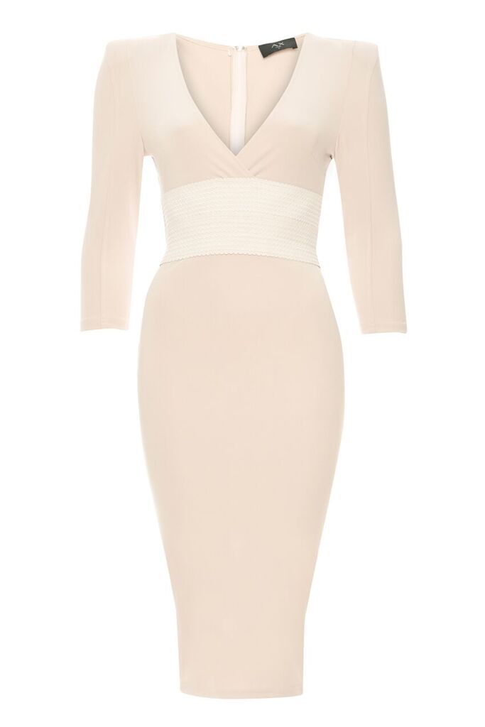 Nude Bodycon With Bandage Waist And Wrap Over Details