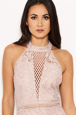 Nude Halter-Neck Lace Detail Midi  Dress