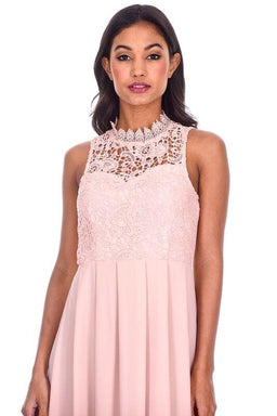 Nude High Neck Crochet Maxi Dress