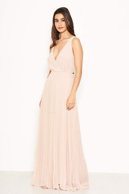 Nude Pleated Maxi Dress With Lace Straps