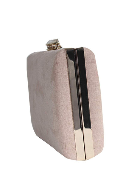 Nude Suede Box Clutch With A Jewel Clasp