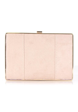 Nude Suede Box Clutch with Gold Detail