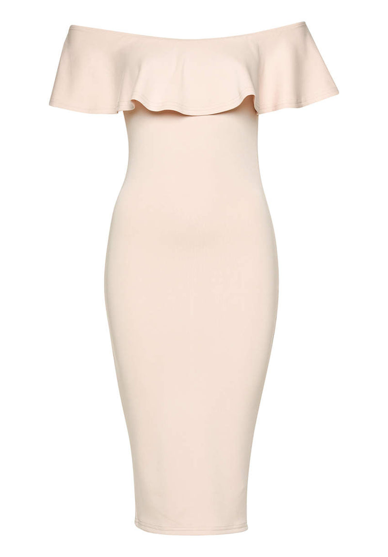 Pink Off The Shoulder Frill Bodycon Midi Dress