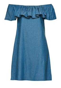 Blue Denim Dress Off Shoulder Frill Feature