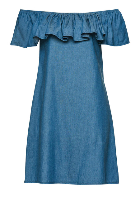 Blue Denim Dress Off Shoulder Frill Feature