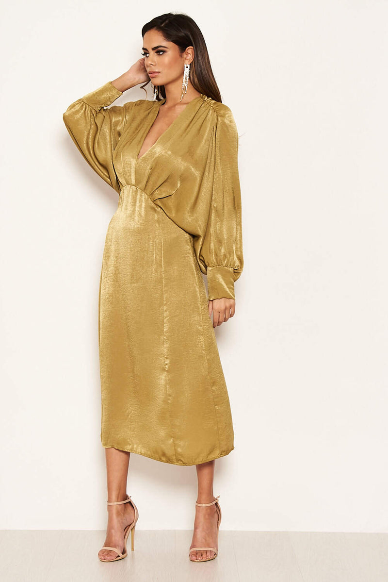 Olive Bat Wing V Neck Midi Dress