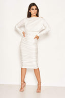 White Boat Neck Dress With Ruched Detail