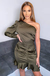 Olive One Shoulder Puffed Out Sleeve Dress