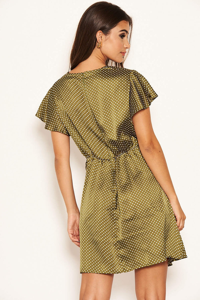 Olive Polka Dot Pleated Wrap Dress