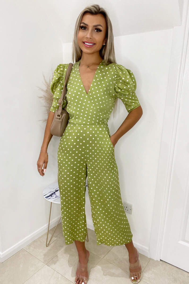 Olive Polka Dot Puff Sleeve Jumpsuit