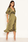 Olive Polka Dot Wrap Frill Midi Swing Dress