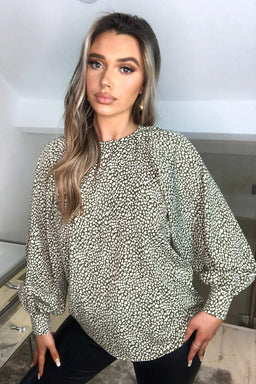 Olive Printed Balloon Sleeve Top