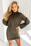 Olive Ruched Side Tie High Neck Dress