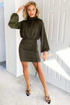 Olive Ruched Side Tie High Neck Dress