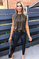 Olive Shoulder Padded Sleeveless Blouse