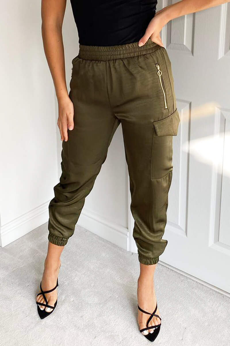 Olive Silky Cargo Pants