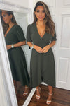 Olive Wrap Side Tie Midi Dress