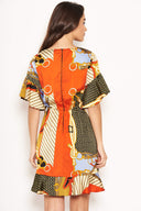 Orange Chain Print Wrap Dress