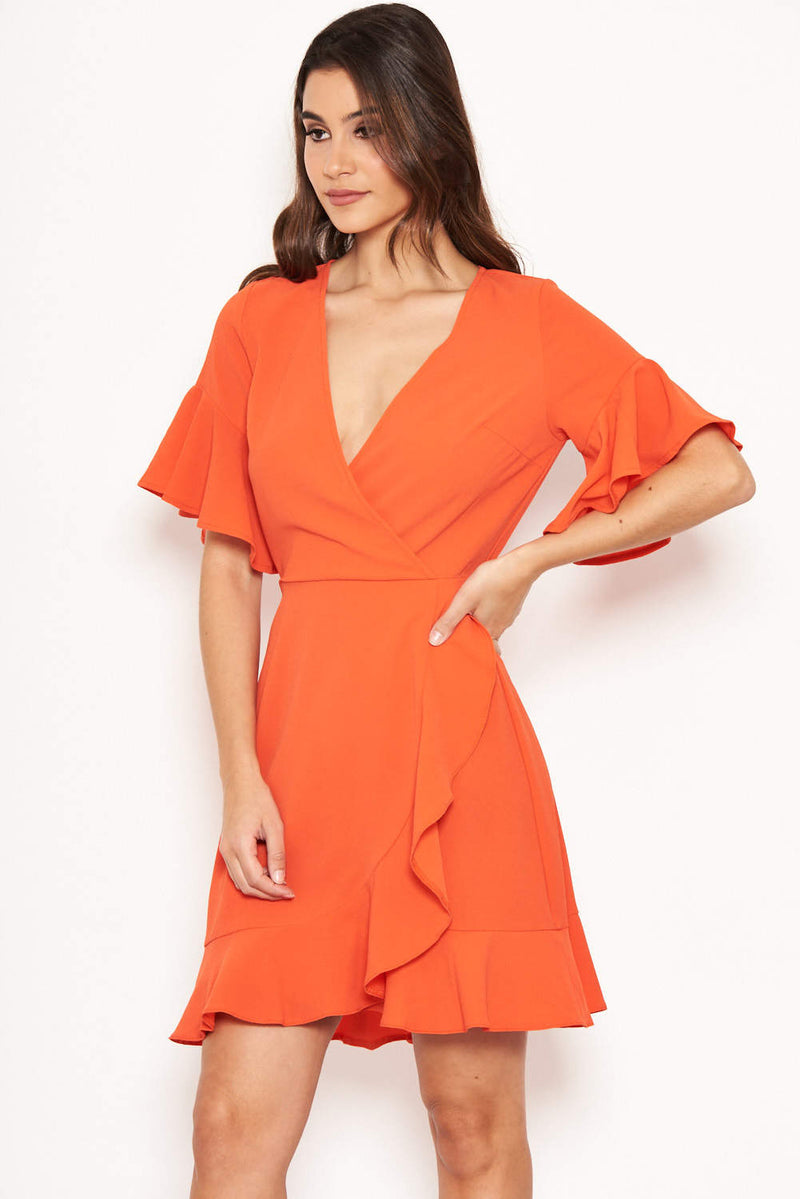 Orange Frill Detail Wrap Dress