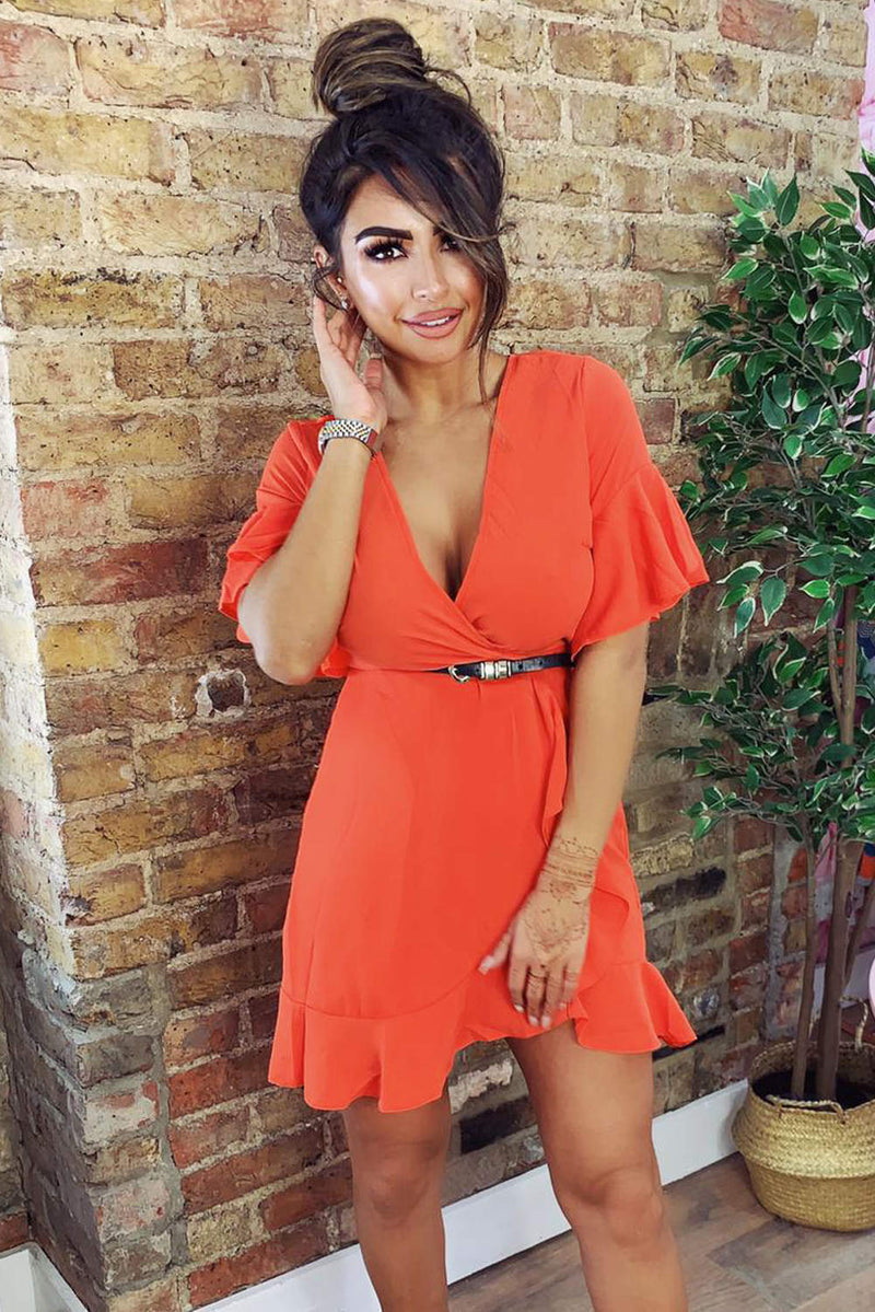 Orange Frill Detail Wrap Dress