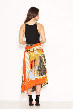Orange Chain Printed Midi Skirt