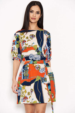 Orange Printed Tie Belt Dress