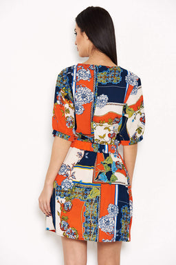 Orange Printed Tie Belt Dress