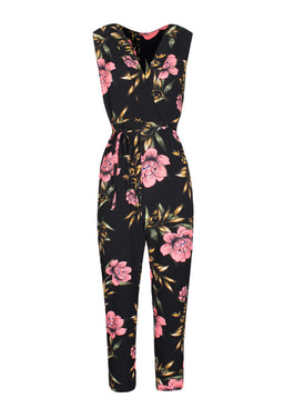 Black V-Neck Floral Print Jumpsuit