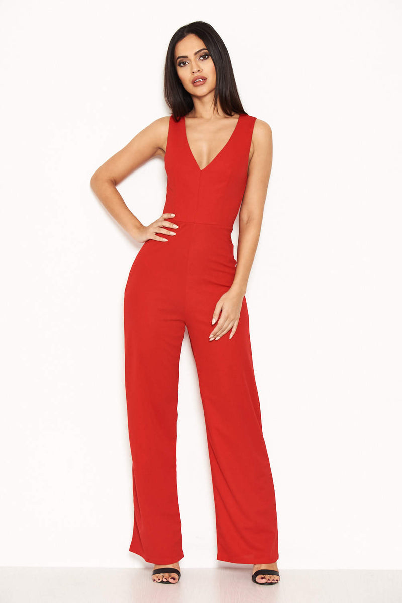 Red V Neck Jumpsuit