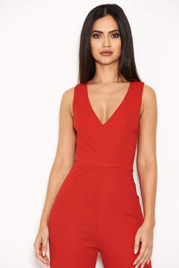 Red V Neck Jumpsuit