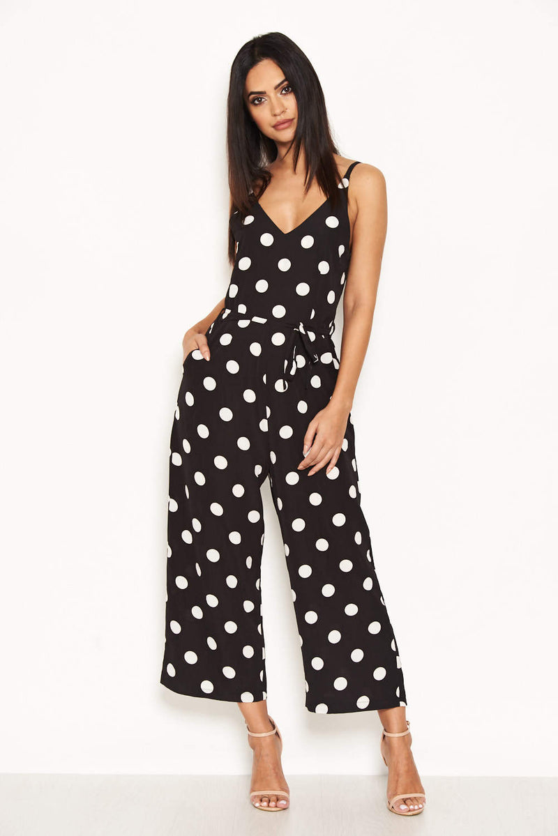 Black Polka Dot Tie Waist Jumpsuit