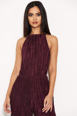 Plum Pleated High Neck Jumpsuit