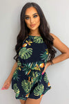 Navy Tie Waist Tropical Print Playsuit