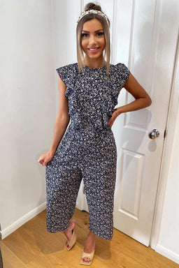 Navy Floral Frill Front Jumpsuit