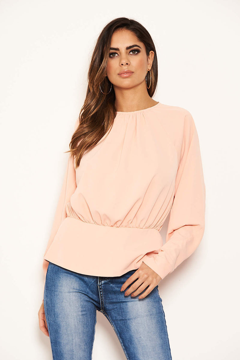 Peach Long Sleeve Pleated Top