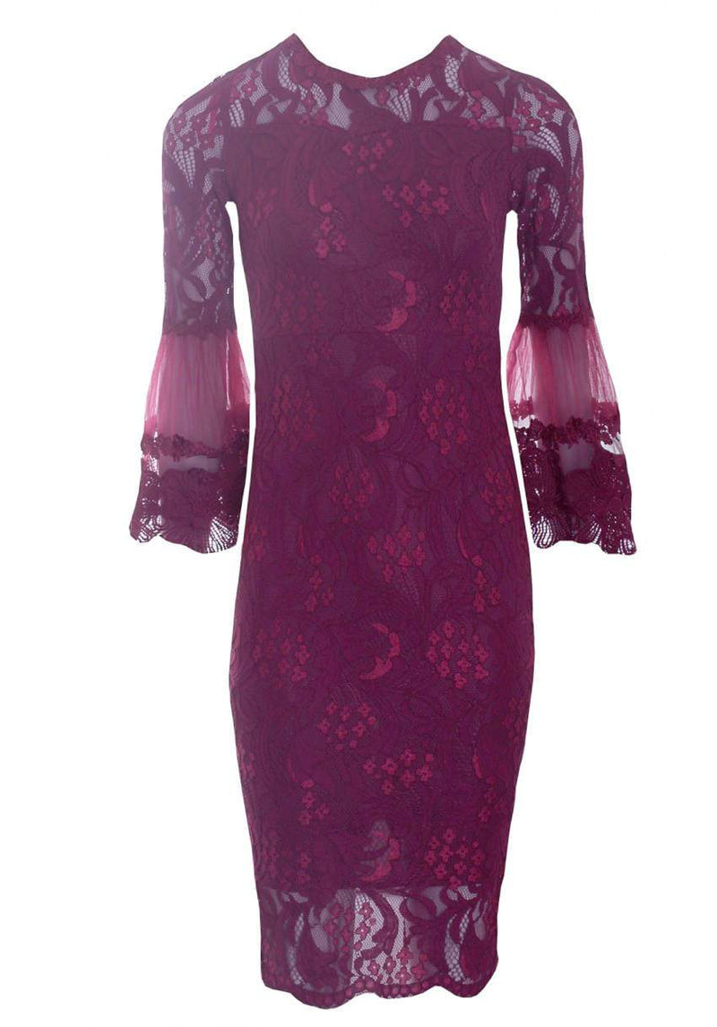 Plum Lace Frill Sleeve Midi Dress