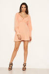 Peach Tie Neckline Long Sleeve Dress