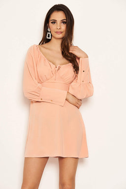 Peach Tie Neckline Long Sleeve Dress