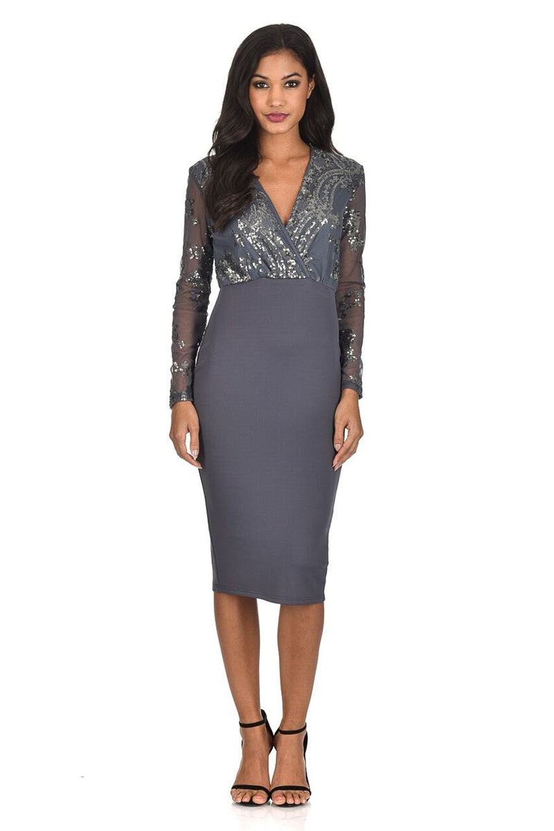 Pewter Sequined Crossover Bodycon Dress